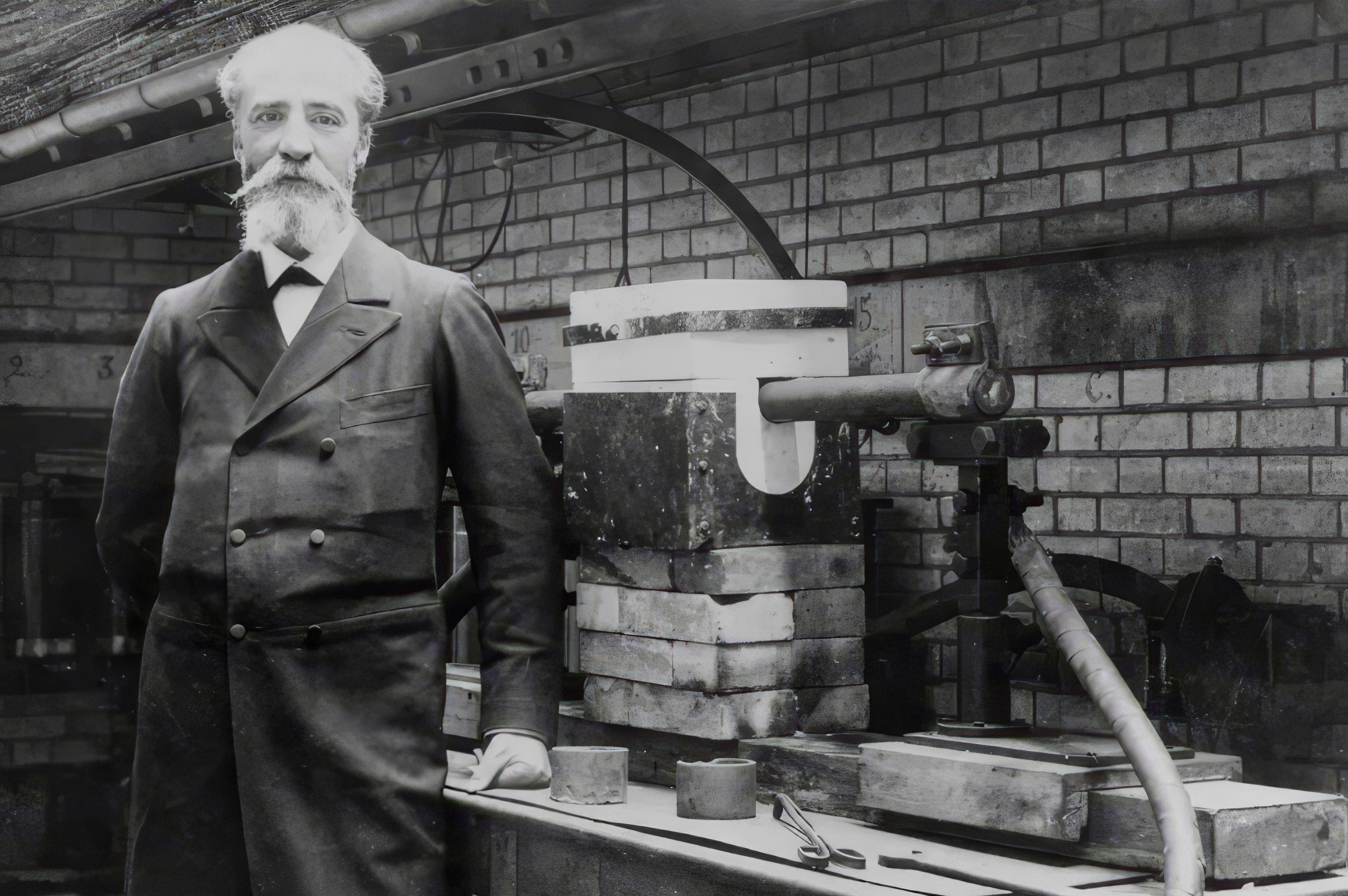 Анри Муассан на фоне электродуговой печи