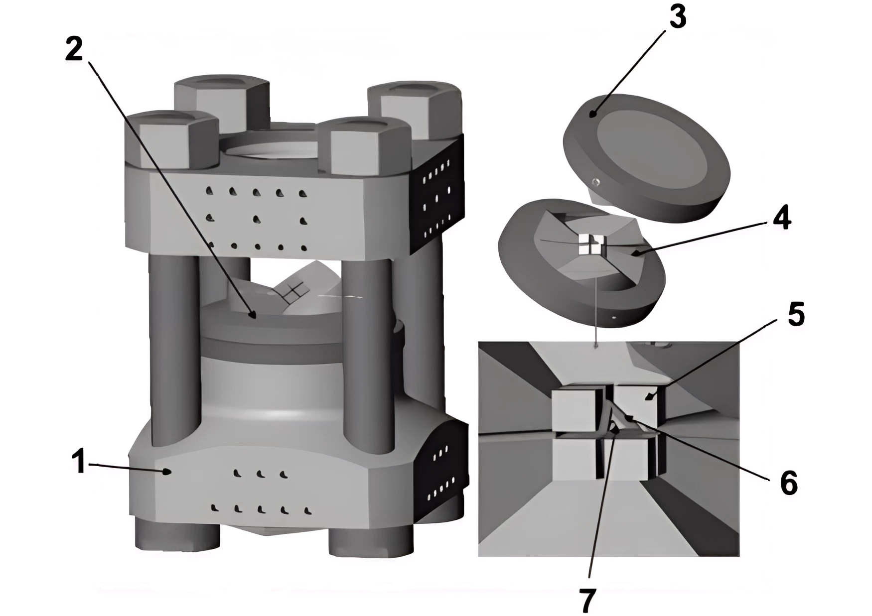 Аппарат Каваи: 1 - гидравлический пресс, 2 - масляный резервуар, 3 - стальные кольца, сжимающие первую ступень, 4 - шесть пуансонов первой ступени, 5 - восемь твердосплавных поршней второй ступени, образующих разрезной куб, 6 - октаэдрическая камера высокого давления, 7 - образец